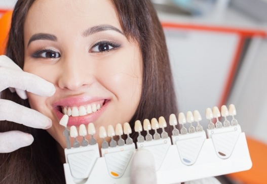 Woman's smile compared to porcelain veneers color options
