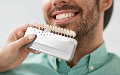 Dentist using shade scale with smiling patient