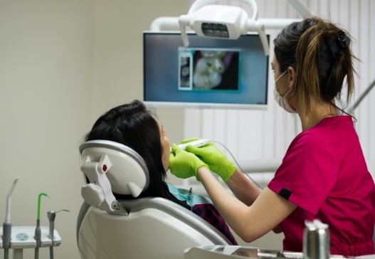 Dental team member using intraoral camera to capture smile images